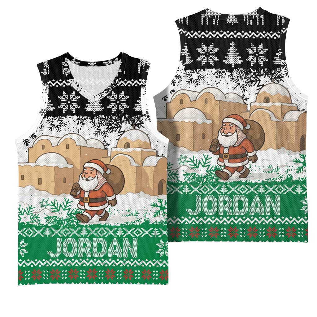 Jordan Christmas Basketball Jersey with Santa Snow Village Green and Black Snowflake Tree Pattern - Wonder Print Shop