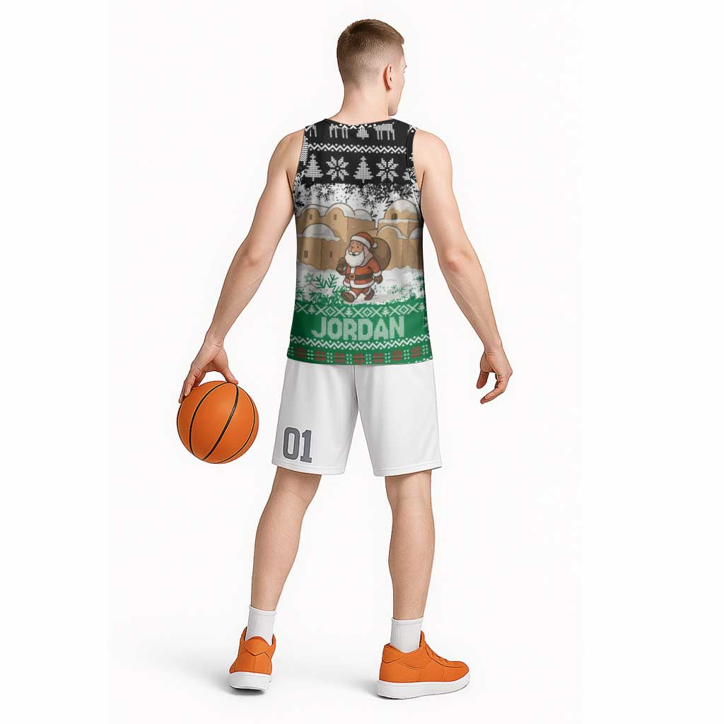 Jordan Christmas Basketball Jersey with Santa Snow Village Green and Black Snowflake Tree Pattern - Wonder Print Shop