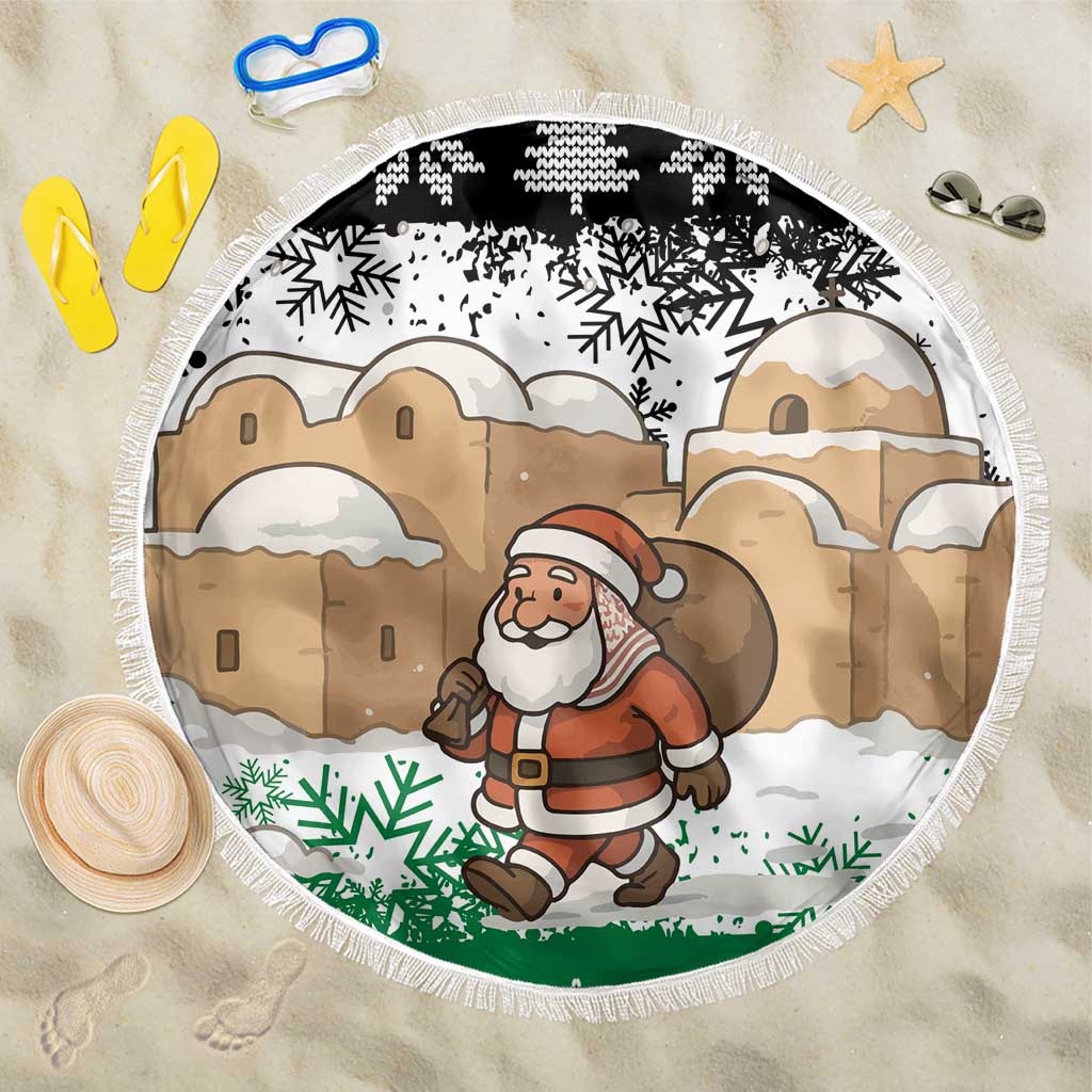 Jordan Christmas Beach Blanket with Santa Snow Village Green and Black Snowflake Tree Pattern - Wonder Print Shop