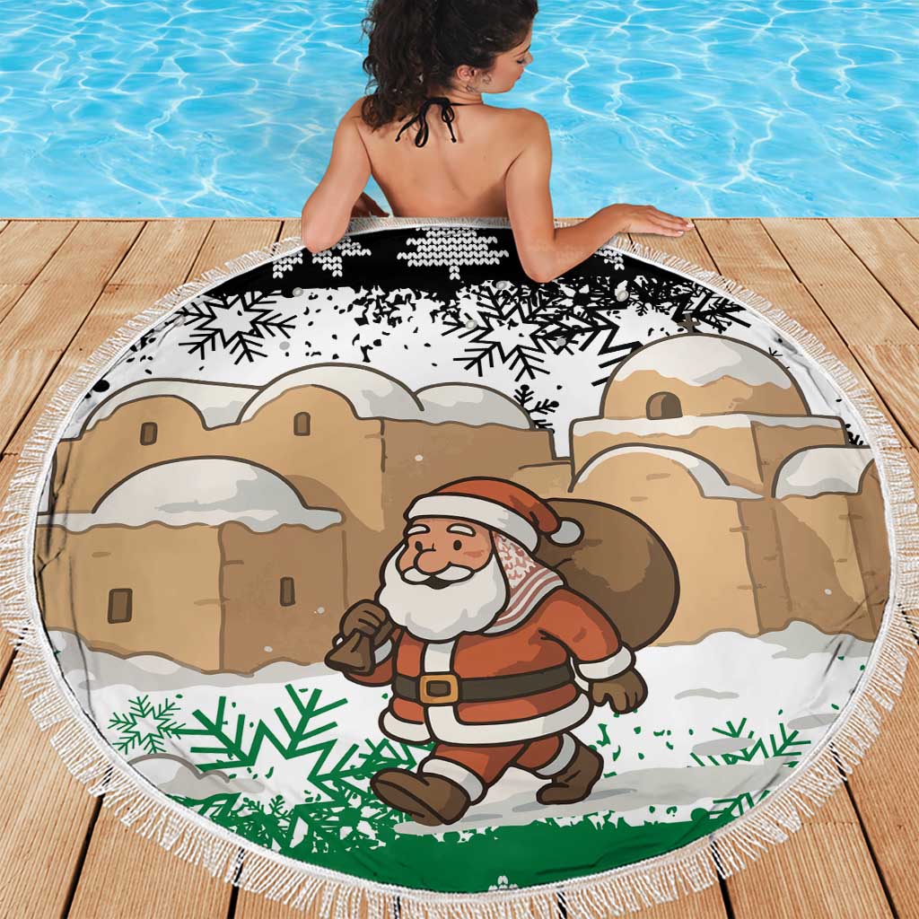 Jordan Christmas Beach Blanket with Santa Snow Village Green and Black Snowflake Tree Pattern - Wonder Print Shop