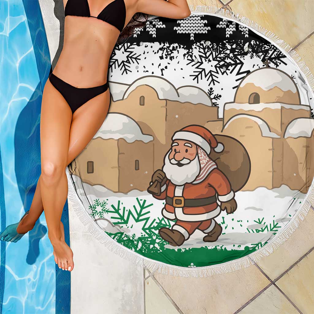 Jordan Christmas Beach Blanket with Santa Snow Village Green and Black Snowflake Tree Pattern - Wonder Print Shop