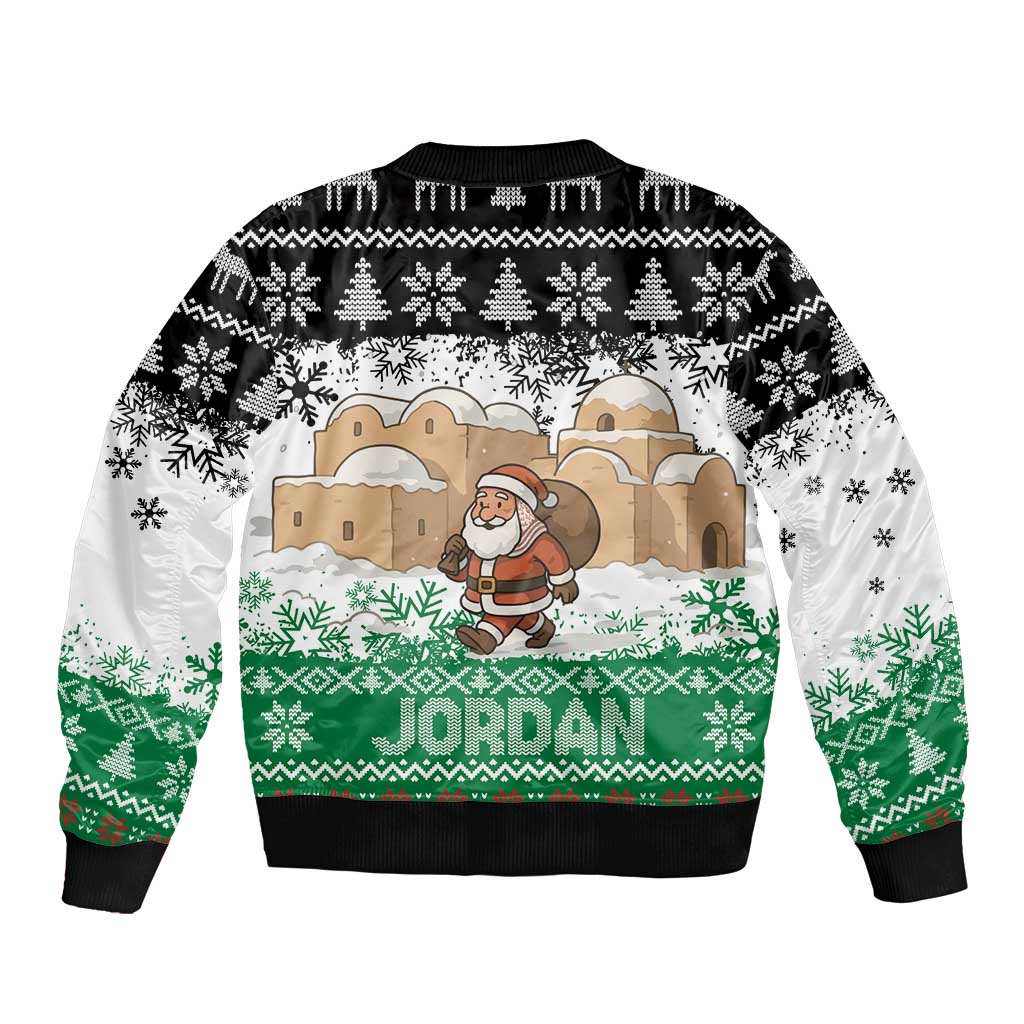 Jordan Christmas Bomber Jacket with Santa Snow Village Green and Black Snowflake Tree Pattern - Wonder Print Shop
