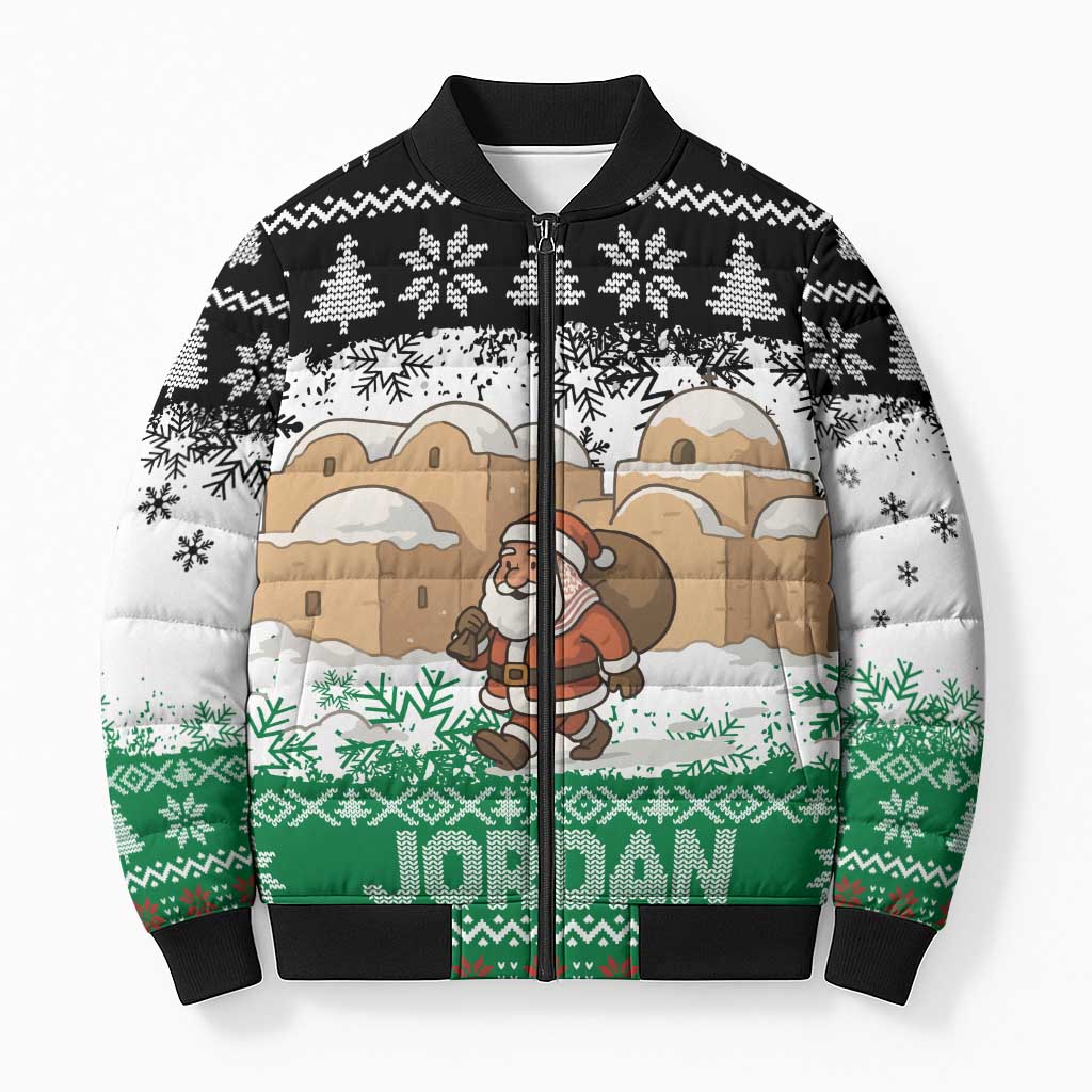 Jordan Christmas Bomber Puffer Jacket with Santa Snow Village Green and Black Snowflake Tree Pattern - Wonder Print Shop