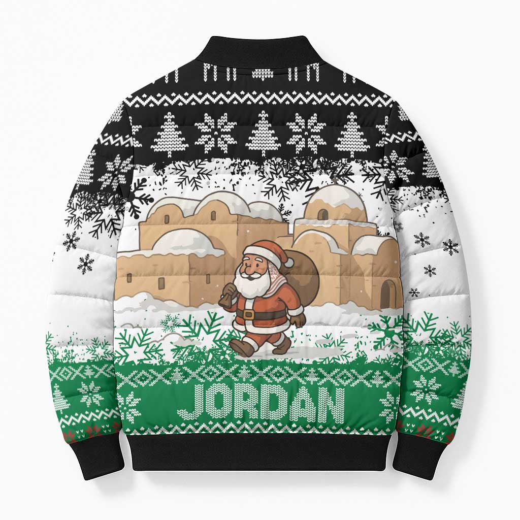 Jordan Christmas Bomber Puffer Jacket with Santa Snow Village Green and Black Snowflake Tree Pattern - Wonder Print Shop