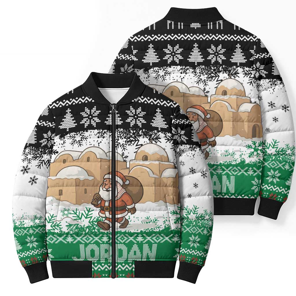 Jordan Christmas Bomber Puffer Jacket with Santa Snow Village Green and Black Snowflake Tree Pattern - Wonder Print Shop