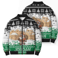 Jordan Christmas Bomber Puffer Jacket with Santa Snow Village Green and Black Snowflake Tree Pattern - Wonder Print Shop