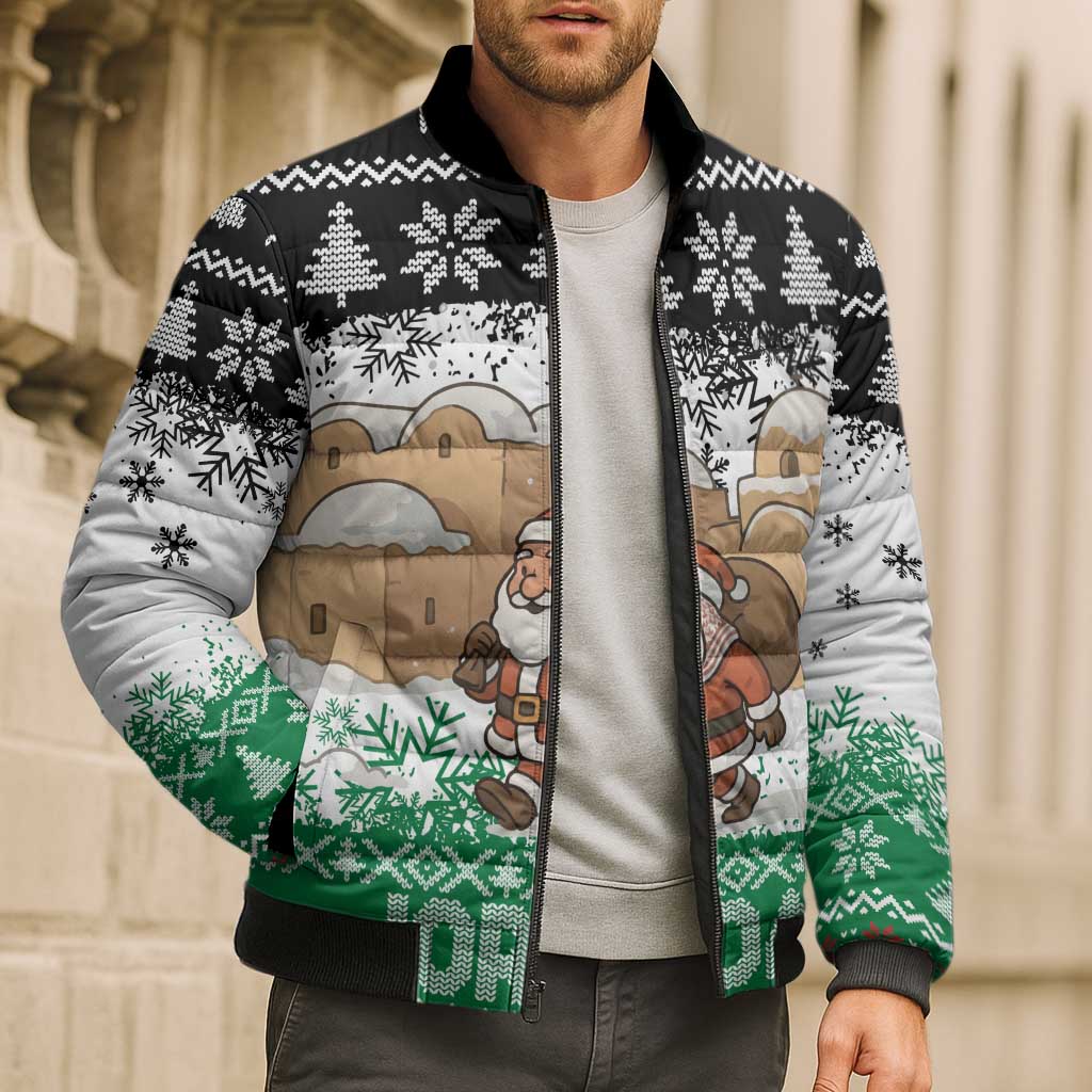 Jordan Christmas Bomber Puffer Jacket with Santa Snow Village Green and Black Snowflake Tree Pattern - Wonder Print Shop