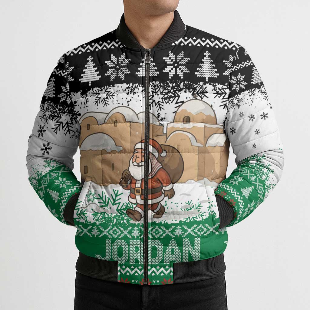 Jordan Christmas Bomber Puffer Jacket with Santa Snow Village Green and Black Snowflake Tree Pattern - Wonder Print Shop