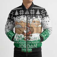 Jordan Christmas Bomber Puffer Jacket with Santa Snow Village Green and Black Snowflake Tree Pattern - Wonder Print Shop
