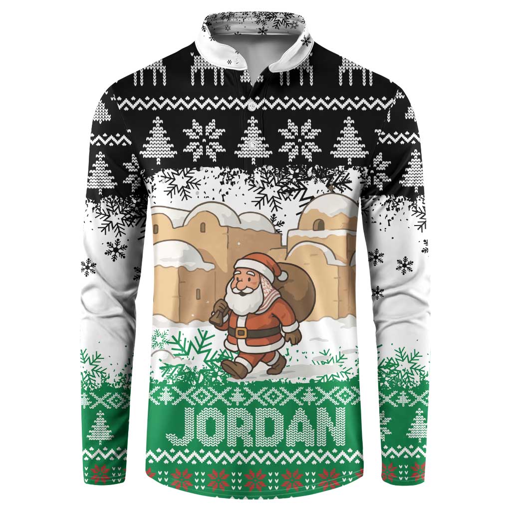 Jordan Christmas Button Sweatshirt with Santa Snow Village Green and Black Snowflake Tree Pattern - Wonder Print Shop