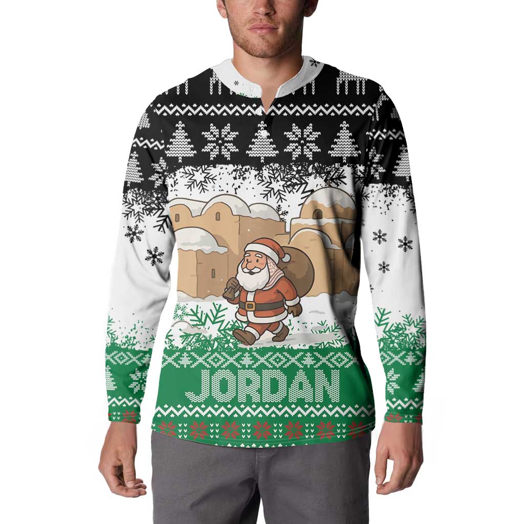 Jordan Christmas Button Sweatshirt with Santa Snow Village Green and Black Snowflake Tree Pattern - Wonder Print Shop