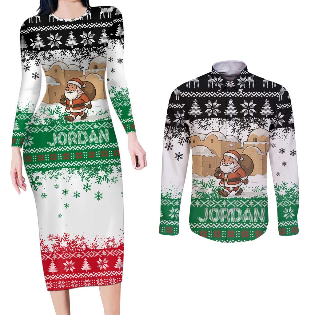 Jordan Christmas Couples Matching Long Sleeve Bodycon Dress and Long Sleeve Button Shirt with Santa Snow Village Green and Black Snowflake Tree Pattern - Wonder Print Shop