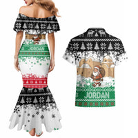 Jordan Christmas Couples Matching Mermaid Dress and Hawaiian Shirt with Santa Snow Village Green and Black Snowflake Tree Pattern - Wonder Print Shop
