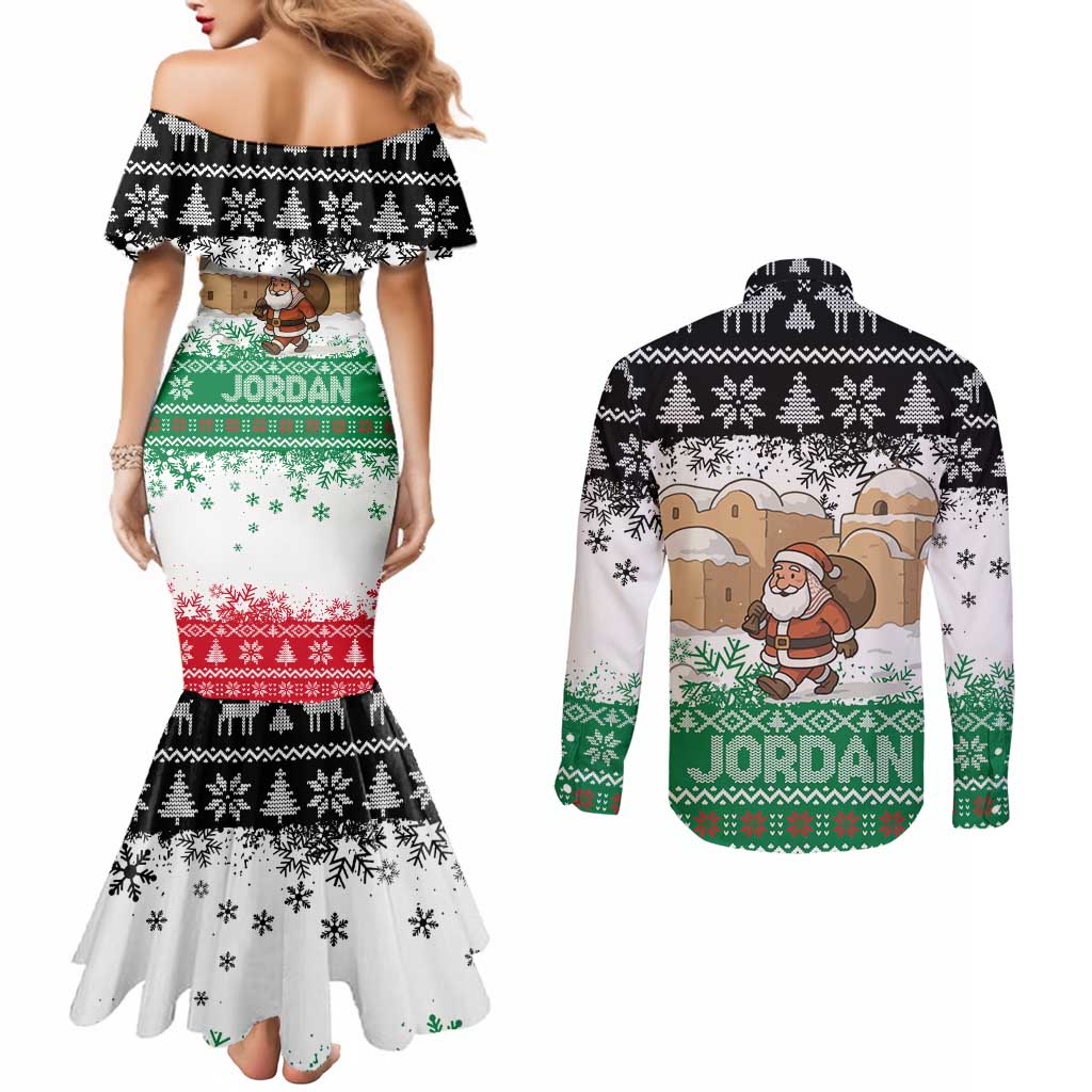 Jordan Christmas Couples Matching Mermaid Dress and Long Sleeve Button Shirt with Santa Snow Village Green and Black Snowflake Tree Pattern - Wonder Print Shop