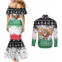 Jordan Christmas Couples Matching Mermaid Dress and Long Sleeve Button Shirt with Santa Snow Village Green and Black Snowflake Tree Pattern - Wonder Print Shop