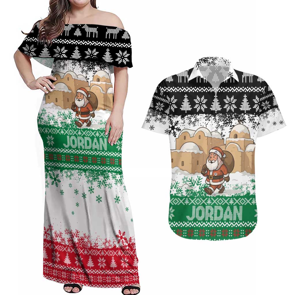 Jordan Christmas Couples Matching Off Shoulder Maxi Dress and Hawaiian Shirt with Santa Snow Village Green and Black Snowflake Tree Pattern - Wonder Print Shop