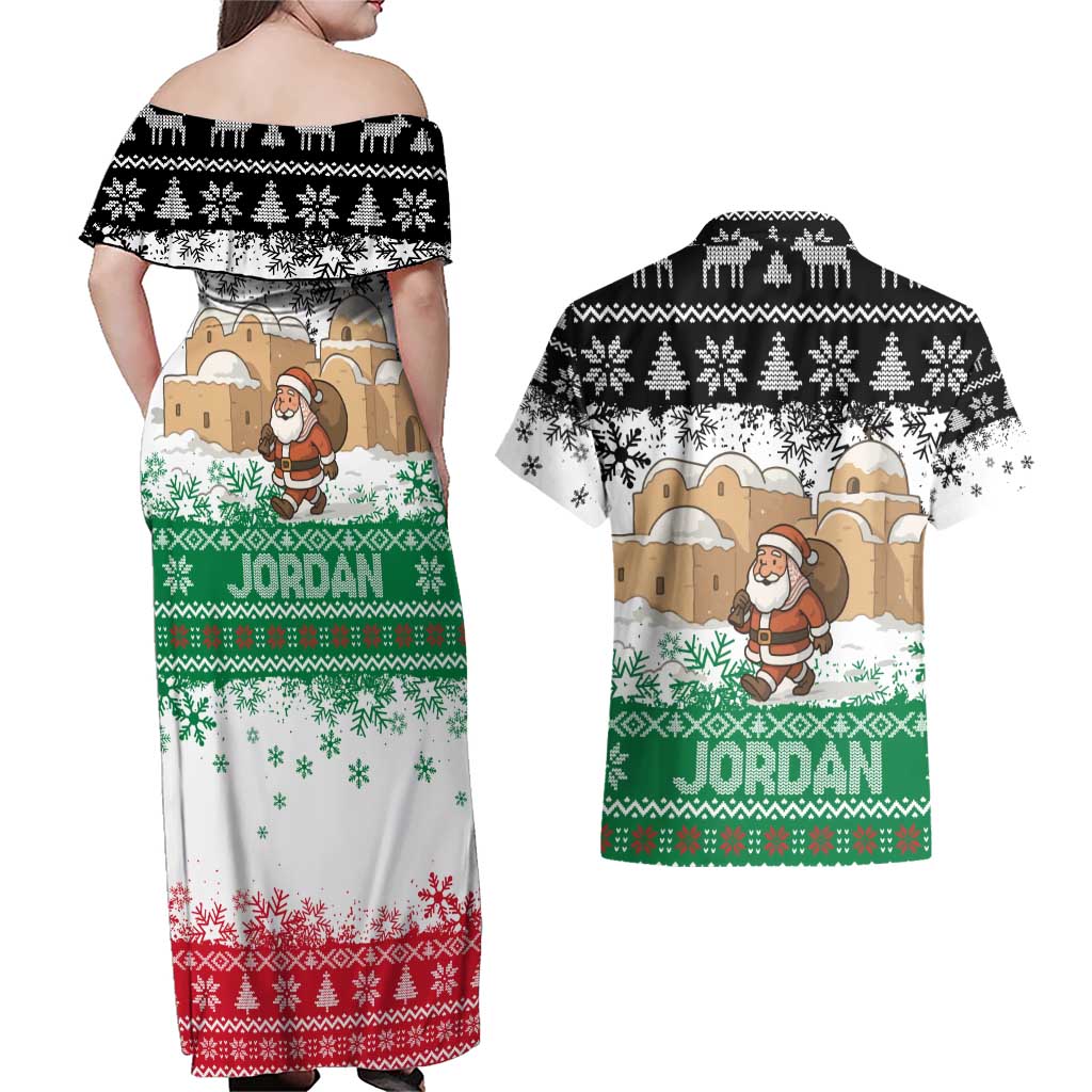 Jordan Christmas Couples Matching Off Shoulder Maxi Dress and Hawaiian Shirt with Santa Snow Village Green and Black Snowflake Tree Pattern - Wonder Print Shop
