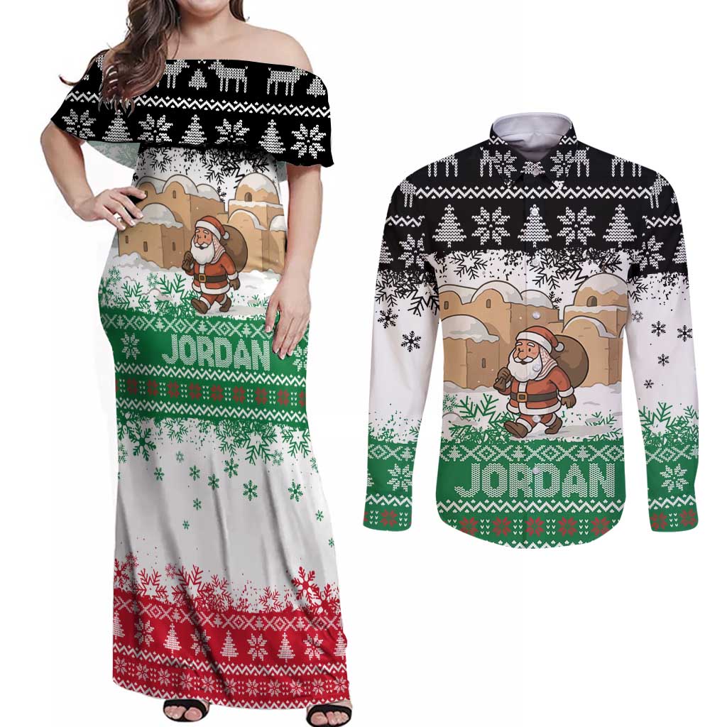Jordan Christmas Couples Matching Off Shoulder Maxi Dress and Long Sleeve Button Shirt with Santa Snow Village Green and Black Snowflake Tree Pattern - Wonder Print Shop