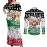 Jordan Christmas Couples Matching Off Shoulder Maxi Dress and Long Sleeve Button Shirt with Santa Snow Village Green and Black Snowflake Tree Pattern - Wonder Print Shop