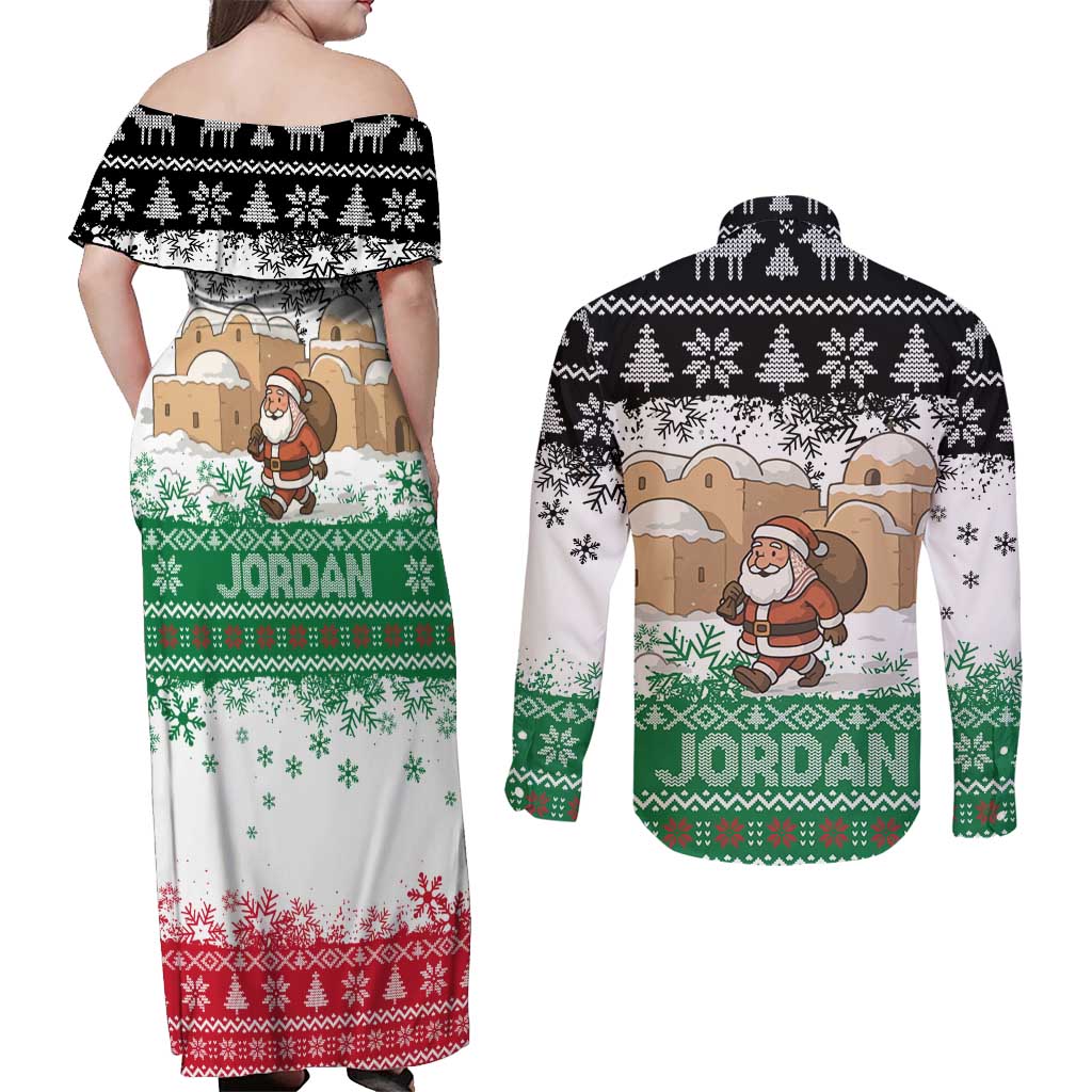 Jordan Christmas Couples Matching Off Shoulder Maxi Dress and Long Sleeve Button Shirt with Santa Snow Village Green and Black Snowflake Tree Pattern - Wonder Print Shop