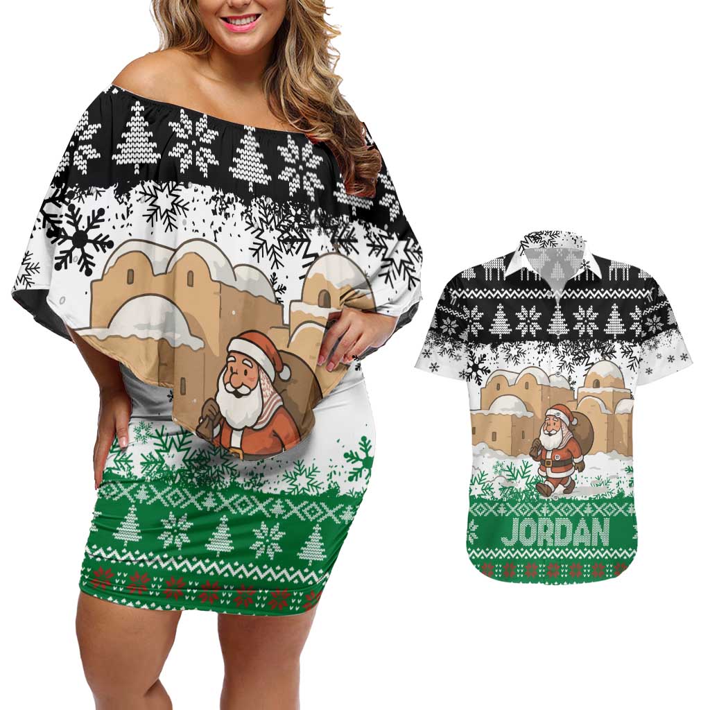 Jordan Christmas Couples Matching Off Shoulder Short Dress and Hawaiian Shirt with Santa Snow Village Green and Black Snowflake Tree Pattern - Wonder Print Shop