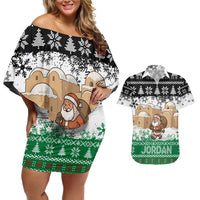 Jordan Christmas Couples Matching Off Shoulder Short Dress and Hawaiian Shirt with Santa Snow Village Green and Black Snowflake Tree Pattern - Wonder Print Shop