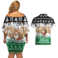 Jordan Christmas Couples Matching Off Shoulder Short Dress and Hawaiian Shirt with Santa Snow Village Green and Black Snowflake Tree Pattern - Wonder Print Shop