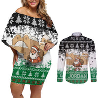 Jordan Christmas Couples Matching Off Shoulder Short Dress and Long Sleeve Button Shirt with Santa Snow Village Green and Black Snowflake Tree Pattern - Wonder Print Shop