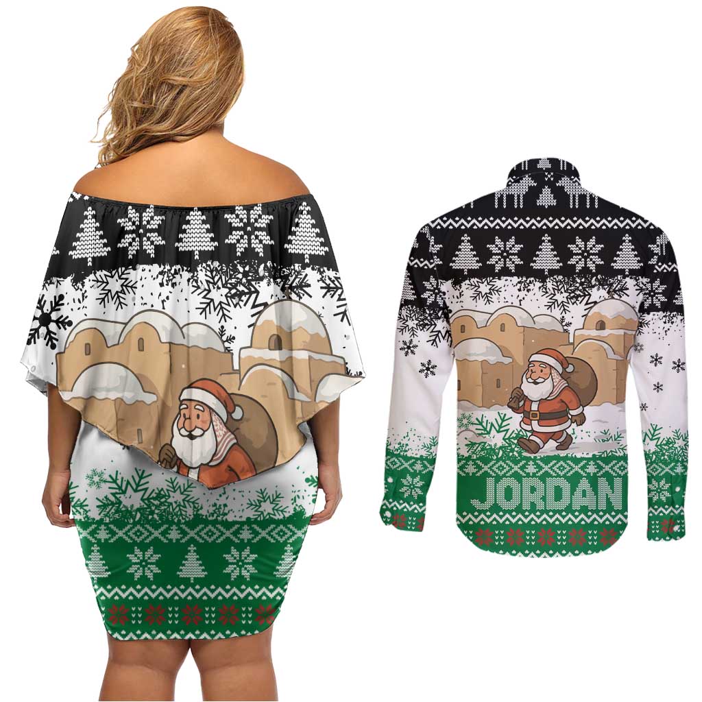Jordan Christmas Couples Matching Off Shoulder Short Dress and Long Sleeve Button Shirt with Santa Snow Village Green and Black Snowflake Tree Pattern - Wonder Print Shop
