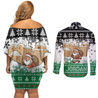 Jordan Christmas Couples Matching Off Shoulder Short Dress and Long Sleeve Button Shirt with Santa Snow Village Green and Black Snowflake Tree Pattern - Wonder Print Shop