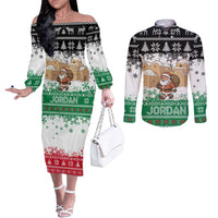 Jordan Christmas Couples Matching Off The Shoulder Long Sleeve Dress and Long Sleeve Button Shirt with Santa Snow Village Green and Black Snowflake Tree Pattern - Wonder Print Shop