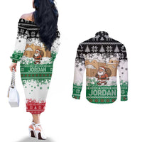 Jordan Christmas Couples Matching Off The Shoulder Long Sleeve Dress and Long Sleeve Button Shirt with Santa Snow Village Green and Black Snowflake Tree Pattern - Wonder Print Shop