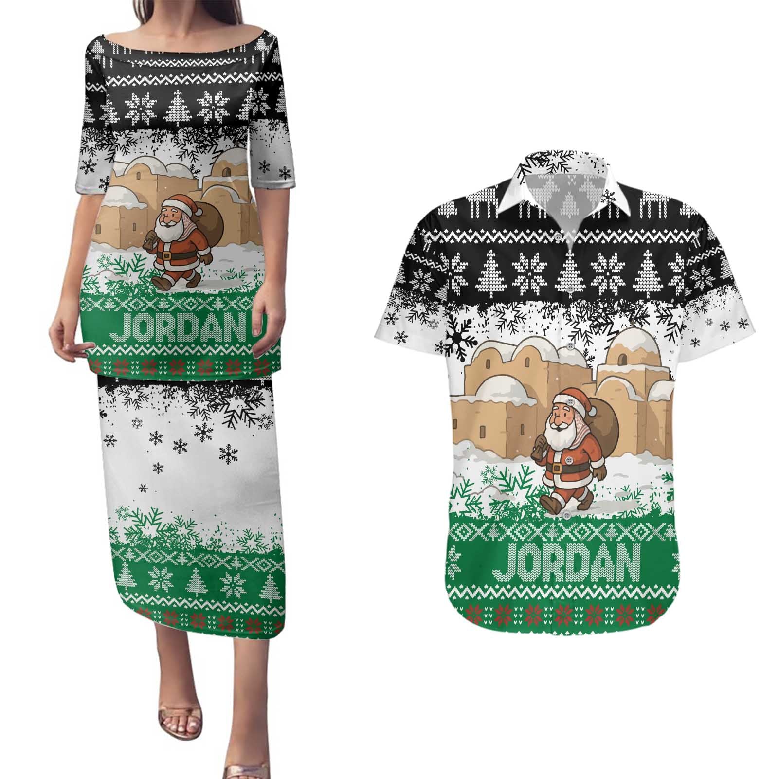 Jordan Christmas Couples Matching Puletasi and Hawaiian Shirt with Santa Snow Village Green and Black Snowflake Tree Pattern - Wonder Print Shop