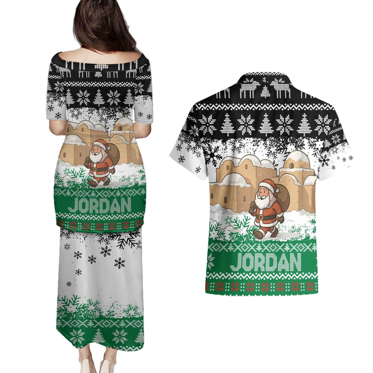 Jordan Christmas Couples Matching Puletasi and Hawaiian Shirt with Santa Snow Village Green and Black Snowflake Tree Pattern - Wonder Print Shop