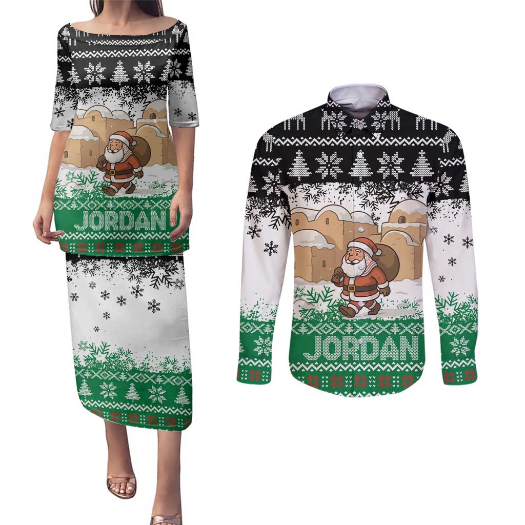 Jordan Christmas Couples Matching Puletasi and Long Sleeve Button Shirt with Santa Snow Village Green and Black Snowflake Tree Pattern - Wonder Print Shop