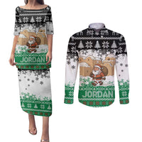 Jordan Christmas Couples Matching Puletasi and Long Sleeve Button Shirt with Santa Snow Village Green and Black Snowflake Tree Pattern - Wonder Print Shop