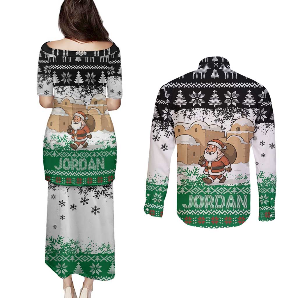 Jordan Christmas Couples Matching Puletasi and Long Sleeve Button Shirt with Santa Snow Village Green and Black Snowflake Tree Pattern - Wonder Print Shop
