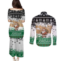 Jordan Christmas Couples Matching Puletasi and Long Sleeve Button Shirt with Santa Snow Village Green and Black Snowflake Tree Pattern - Wonder Print Shop