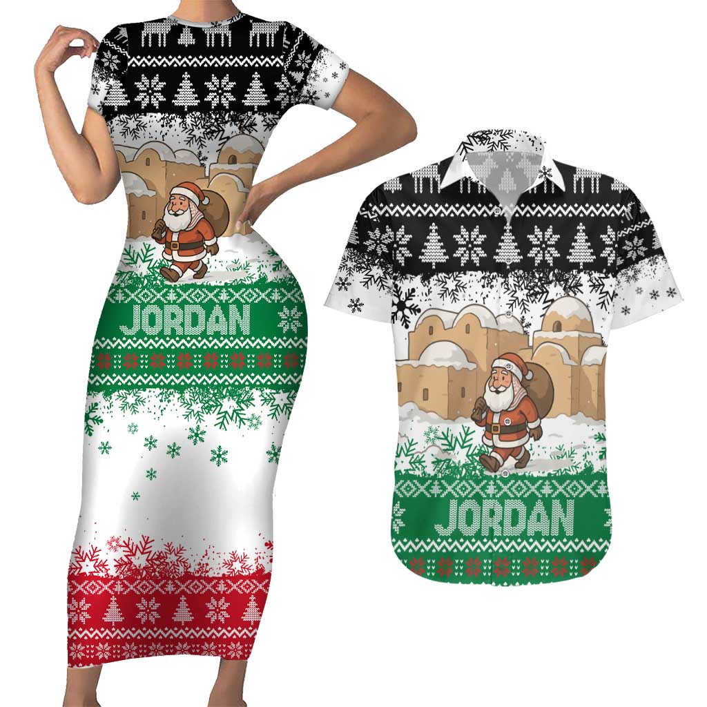 Jordan Christmas Couples Matching Short Sleeve Bodycon Dress and Hawaiian Shirt with Santa Snow Village Green and Black Snowflake Tree Pattern - Wonder Print Shop