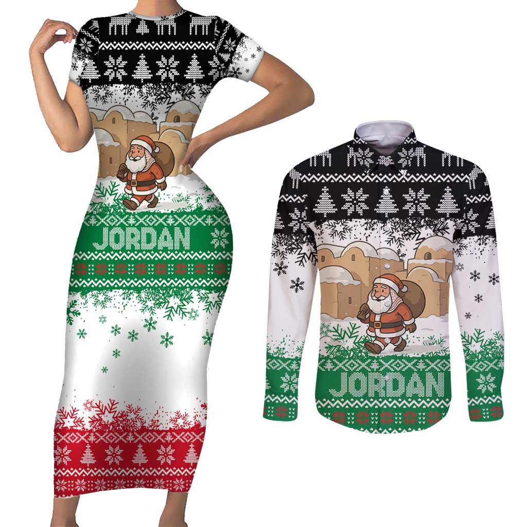 Jordan Christmas Couples Matching Short Sleeve Bodycon Dress and Long Sleeve Button Shirt with Santa Snow Village Green and Black Snowflake Tree Pattern - Wonder Print Shop