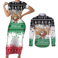Jordan Christmas Couples Matching Short Sleeve Bodycon Dress and Long Sleeve Button Shirt with Santa Snow Village Green and Black Snowflake Tree Pattern - Wonder Print Shop