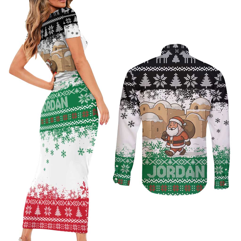 Jordan Christmas Couples Matching Short Sleeve Bodycon Dress and Long Sleeve Button Shirt with Santa Snow Village Green and Black Snowflake Tree Pattern - Wonder Print Shop