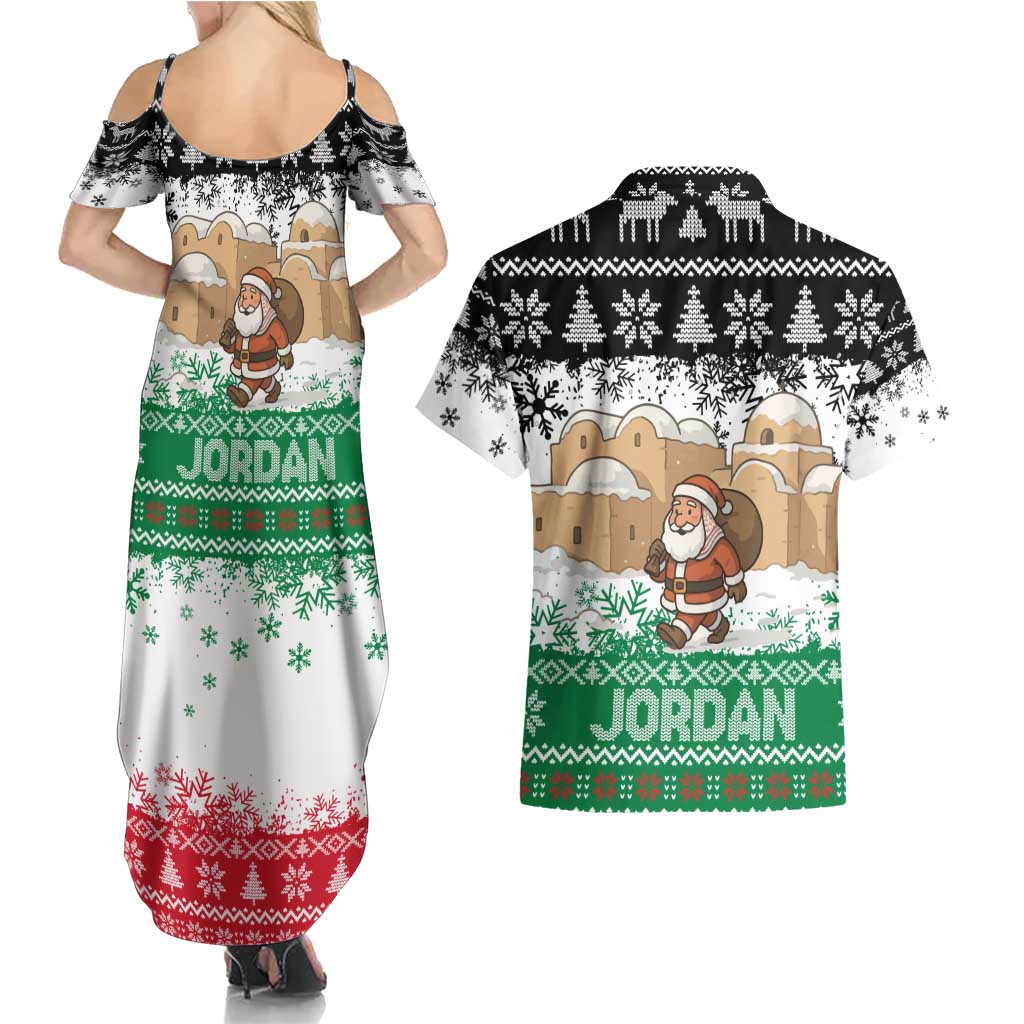 Jordan Christmas Couples Matching Summer Maxi Dress and Hawaiian Shirt with Santa Snow Village Green and Black Snowflake Tree Pattern - Wonder Print Shop