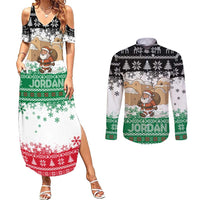 Jordan Christmas Couples Matching Summer Maxi Dress and Long Sleeve Button Shirt with Santa Snow Village Green and Black Snowflake Tree Pattern - Wonder Print Shop