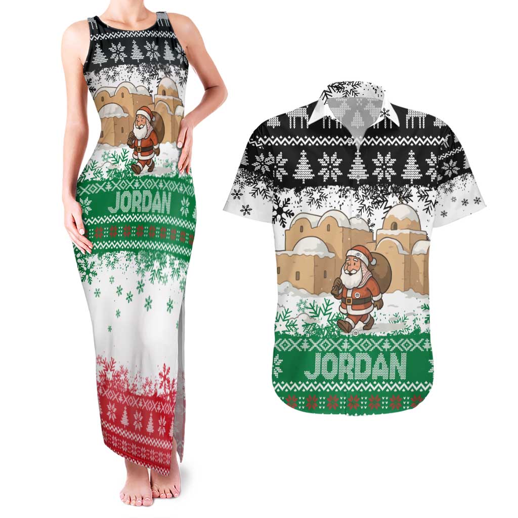 Jordan Christmas Couples Matching Tank Maxi Dress and Hawaiian Shirt with Santa Snow Village Green and Black Snowflake Tree Pattern - Wonder Print Shop