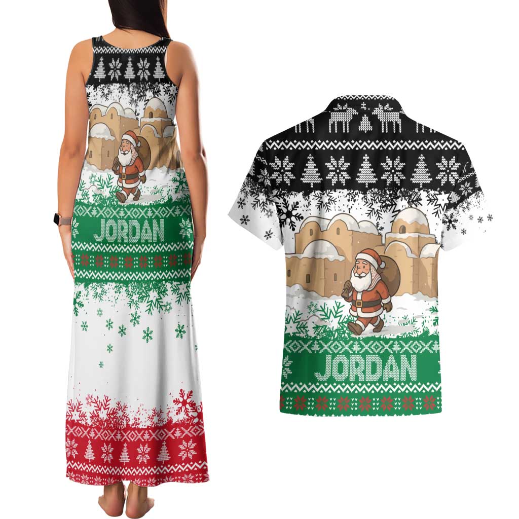 Jordan Christmas Couples Matching Tank Maxi Dress and Hawaiian Shirt with Santa Snow Village Green and Black Snowflake Tree Pattern - Wonder Print Shop