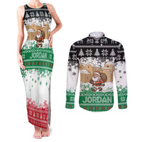 Jordan Christmas Couples Matching Tank Maxi Dress and Long Sleeve Button Shirt with Santa Snow Village Green and Black Snowflake Tree Pattern - Wonder Print Shop