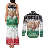 Jordan Christmas Couples Matching Tank Maxi Dress and Long Sleeve Button Shirt with Santa Snow Village Green and Black Snowflake Tree Pattern - Wonder Print Shop