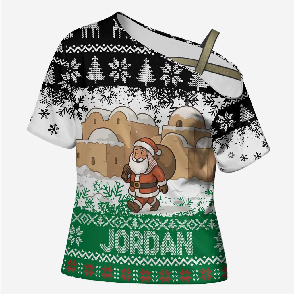 Jordan Christmas Cross Shoulder Shirt with Santa Snow Village Green and Black Snowflake Tree Pattern - Wonder Print Shop