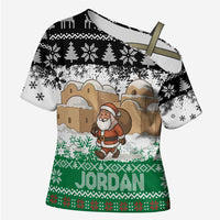 Jordan Christmas Cross Shoulder Shirt with Santa Snow Village Green and Black Snowflake Tree Pattern - Wonder Print Shop